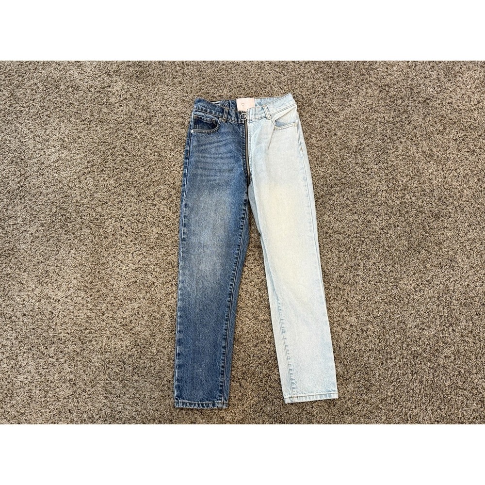 Revice Denim Two Tone High Rise Straight Leg Jeans Zipper Detail 25